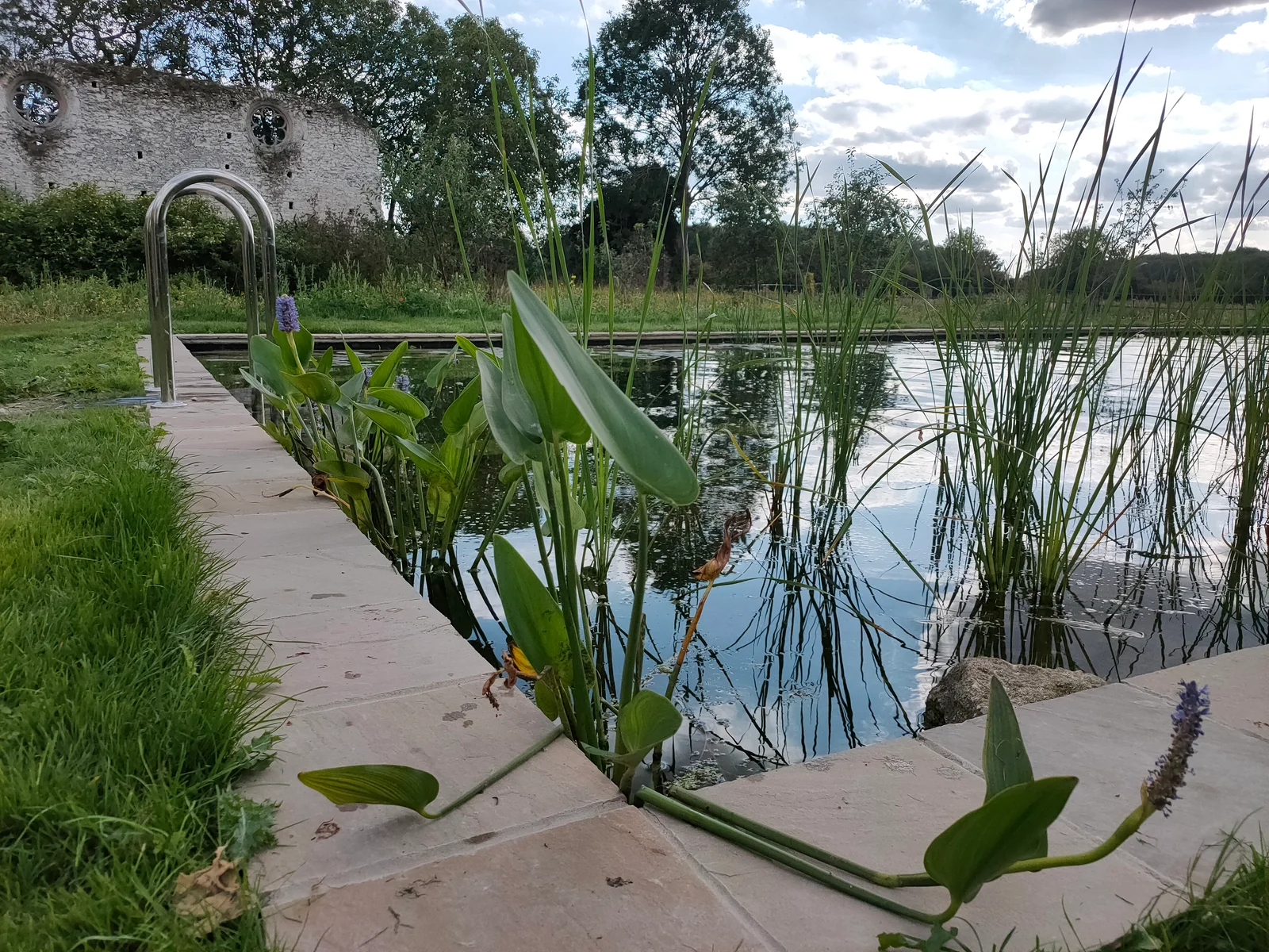Natural swimming pond beside historic stone wall ruins