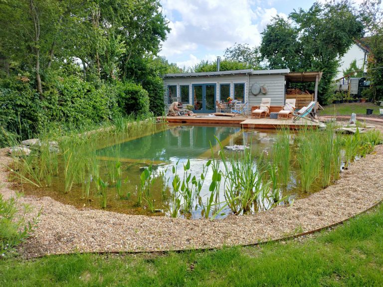 Garden pond beside wooden cabin and deck chairs