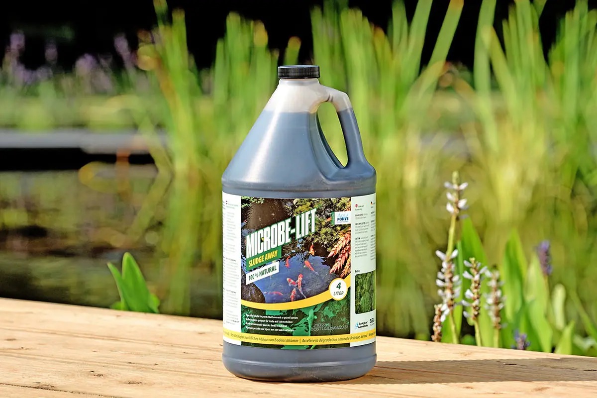 Pond cleaner Microbe-Lift bottle near garden pond